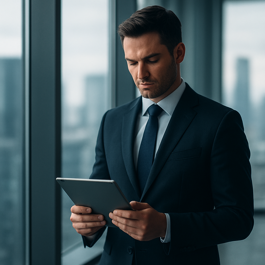 Enterprise sales executive reviewing a deal on a tablet in a high-rise office